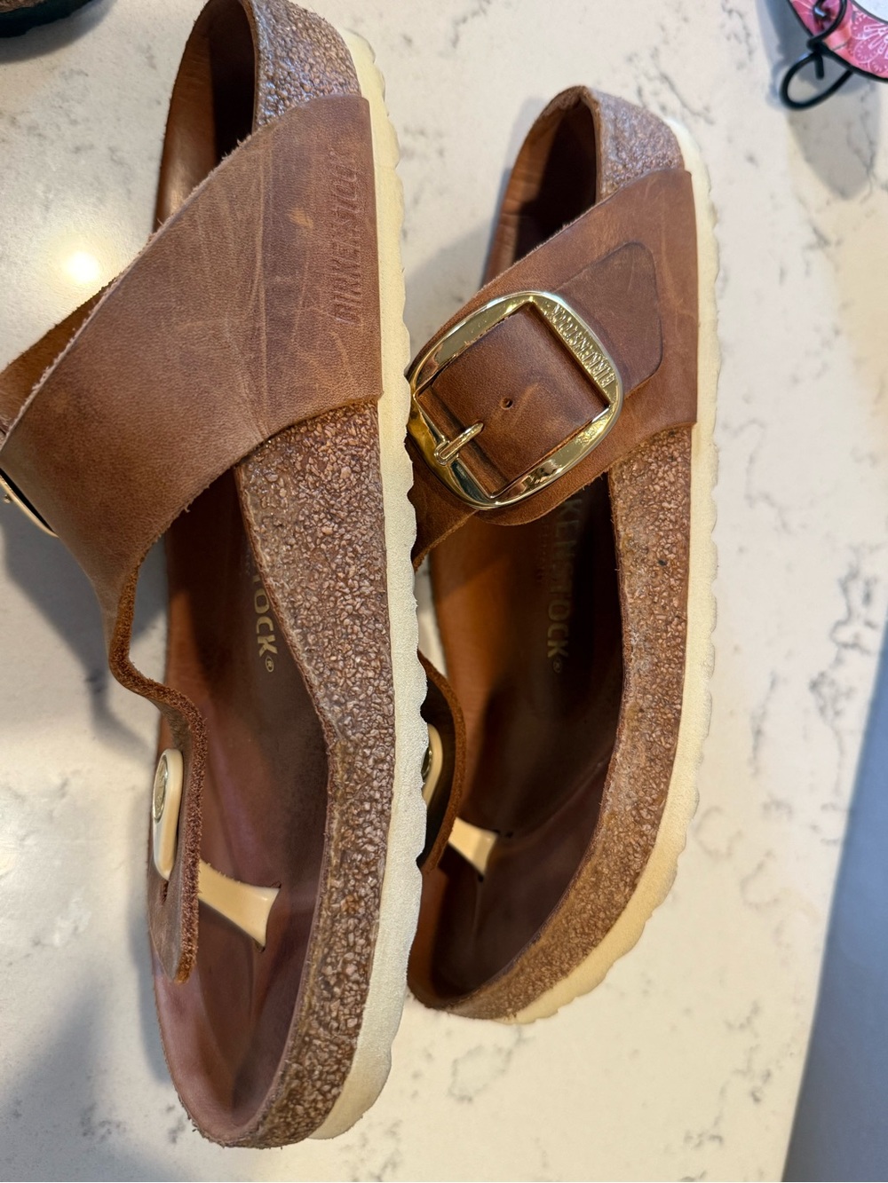 Birkenstock Brown Leather T-Strap Sandals with Gold Accents - Picture 7 of 16